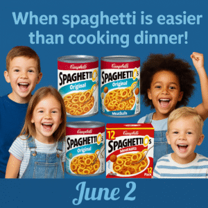 Product images (the five Spaghettios products) arranged with happy smiling kids around them, styled in blues to blend naturally