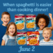 Product images (the five Spaghettios products) arranged with happy smiling kids around them, styled in blues to blend naturally