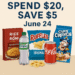 Promotional graphic featuring a $5 off $20 deal on grocery and beverage items, including Propel, Gatorade, oatmeal, chips, cereal, and soda, with bold navy text and snack visuals.