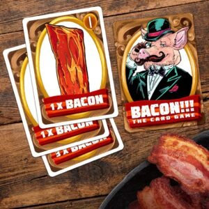 A colorful product image of the Bacon Card Game box and contents. Alt: "Bacon Card Game box and cards – fast-paced family fun under $5"