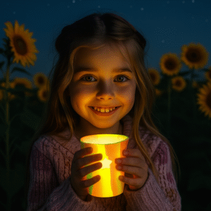 A young girl smiles warmly as she holds a glowing cup, standing in a field of tall sunflowers under a starry summer night sky.