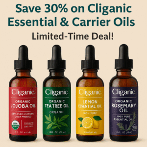 A promotional graphic for Daily Deal Busters featuring Cliganic essential oils, showcasing a 30% Subscribe & Save discount for June 12th.