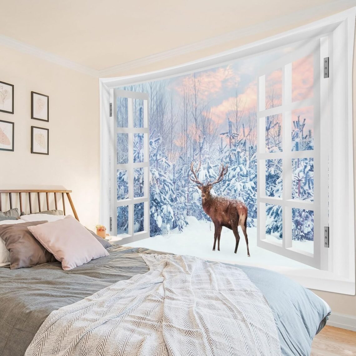 ECOTOB Winter Tapestry: Snowy Pine Forest Brown Deer Pastel Cloud Landscape Wall Art for Bedroom & Living Room, 60W x 40L Inches