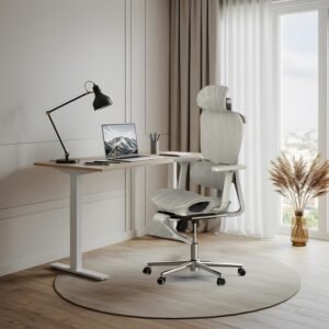 A promotional image of a cloud-like ergonomic office chair in a sleek black finish, designed to support long work hours. The chair sits higher than average, offering full back support and cushiony comfort. Ideal for home offices and taller users.