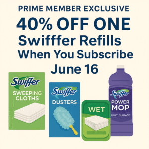 A promotional digital graphic advertising a Prime Member Exclusive deal of 40% off one Swiffer refill item with Subscribe & Save, featuring images of Swiffer duster and mop refill products, and bold text stating “Prime Exclusive – 40% OFF – June 16.”