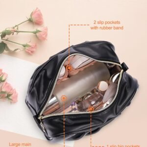 A black faux leather toiletry organizer bag with a waterproof interior and sleek design. Ideal for storing cosmetics, grooming tools, or travel essentials.