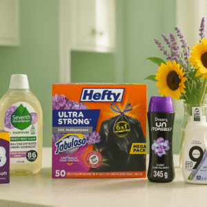 A bright, softly sunlit laundry room featuring household essentials including Puffs tissues, Seventh Generation laundry detergent, Hefty trash bags, Downy Unstopables, and 9 Elements lavender detergent. A vase with fresh sunflowers and lavender blooms sits nearby, adding a cozy and vibrant summer touch.