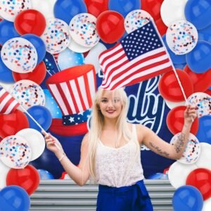 Patriotic 4th of July decoration set featuring red, white, and blue confetti balloons and a festive USA-themed photo backdrop, perfect for Independence Day celebrations.