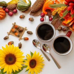 A festive fall tabletop scene featuring artificial acorns, mini gourds, pinecones, red berries, fall leaves, and two mugs of coffee, with a sunflower added for warmth and seasonal cheer.