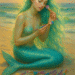 A turquoise mermaid with flowing seafoam hair sits on a sunlit beach in a dreamy Waterhouse-inspired painting. Sheβs applying glittery makeup using a set of rainbow-handled mermaid makeup brushes, with several of the brushes scattered at her side on the sand. The ocean sparkles behind her under a soft summer sky.