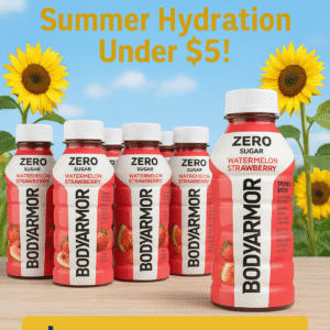 8-pack of BODYARMOR ZERO Sugar Watermelon Strawberry sports drinks, featuring bold red bottles with white caps and natural fruit imagery on the label