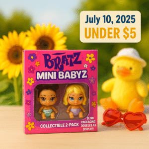 Bratz Mini Babyz 2-pack collectible figures in bright Y2K-style packaging, displayed in front of sunflowers and summer-themed decor