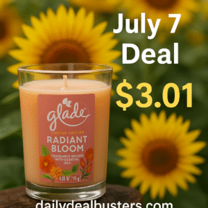 "Glade Radiant Bloom Candle under $5 – July 7 deal with sunflowers, summer styling, and dailydealbusters.com branding"