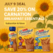 "Carnation Breakfast Essentials 20% Off – July 9 Daily Deal with sunflowers, Subscribe & Save banner, and dailydealbusters.com branding"