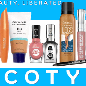 Beauty and cosmetic products including foundation, mascara, eyeliner, nail care products, and lip color featured in a promotional savings graphic.