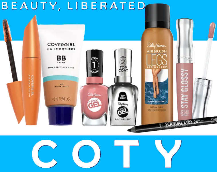 Beauty and cosmetic products including foundation, mascara, eyeliner, nail care products, and lip color featured in a promotional savings graphic.