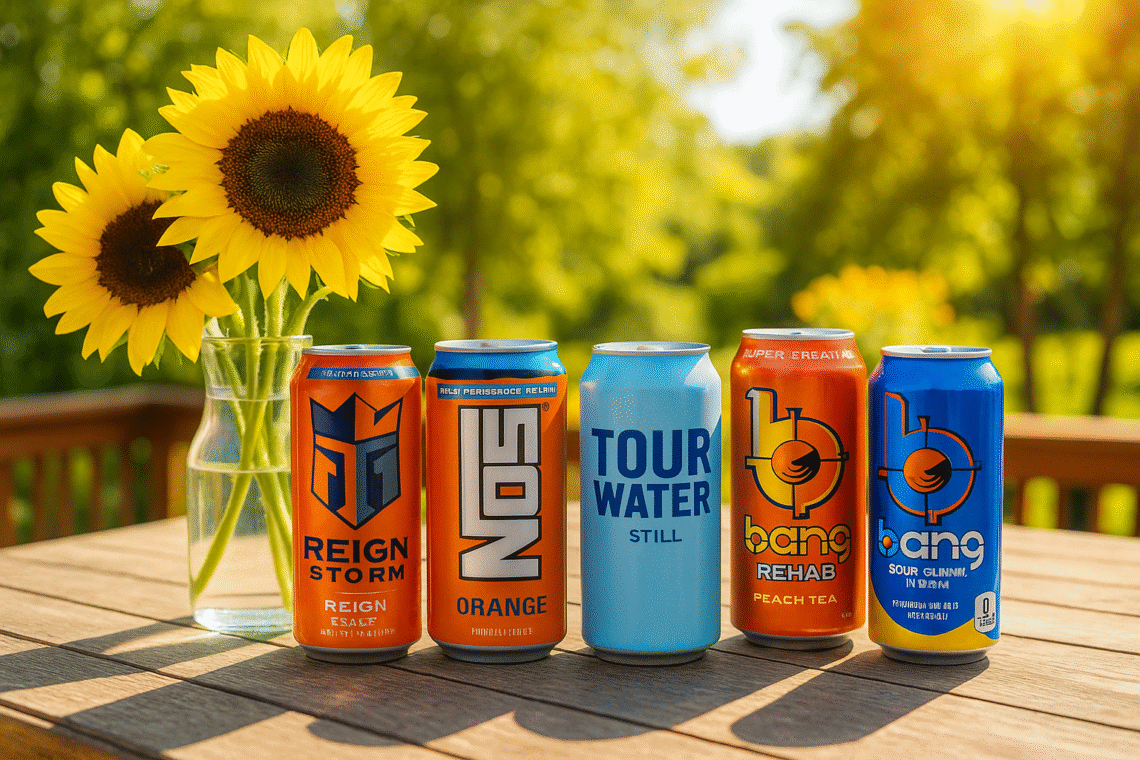 A vibrant summer-themed photo showcasing five colorful energy drink cans from brands like Monster and Reign, arranged on a sunlit outdoor table with a vase of bright sunflowers in the background.