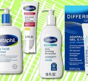Cetaphil and Differin skincare products featuring cleansers, moisturizers, acne treatments, and daily skin care solutions