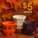 A festive promotional image for July 4th $5 Fall Baking Deals featuring three Halloween cupcake liners in orange, white, and purple with pumpkin, ghost, and witch designs. The background includes bright sunflowers and colorful autumn leaves, with bold text detailing the productโs features and price.