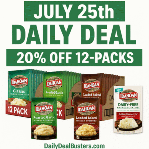 A promotional image featuring five varieties of Idahoan Mashed Potatoes 12-packs, displayed neatly on a wood kitchen counter with a sunflower bouquet and garlic bulbs in the background. Each flavor is showcased in its colorful packaging: Classic, Sour Cream & Chives, Roasted Garlic, Loaded Baked, and Dairy-Free Buttery Homestyle. A “20% Off Today Only” banner and the date “July 25, 2025” are clearly displayed, with the DailyDealBusters.com URL at the bottom.