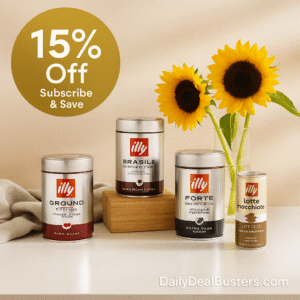 Assorted Illy coffee products including ground, whole bean, and canned cold brew arranged neatly on a clean kitchen counter with a 15% off Subscribe & Save promo banner in the background. Sunflowers and soft beige linen hint at a summer theme.