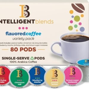 Intelligent Blends coffee pods featuring flavored coffee varieties, dark roast options, and single-serve coffee products