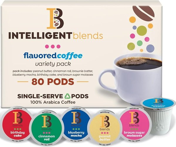 Intelligent Blends coffee pods featuring flavored coffee varieties, dark roast options, and single-serve coffee products