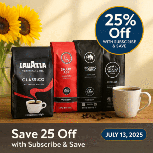 Lavazza and Kicking Horse coffee bags on a wooden counter with a coffee mug and sunflowers in the background, styled for a July 13 promo with “25% Off” badge.