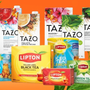 Assorted Lipton, TAZO, and herbal tea products featured in a winter-themed Daily Deal Busters promotion
