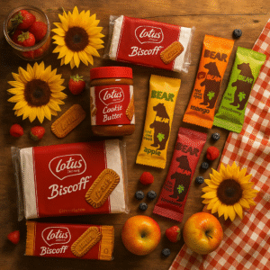 A flat lay display of Lotus Biscoff cookies and BEAR fruit snack rolls arranged on a rustic wooden table with bright sunflowers, ripe summer fruits, and a striped picnic cloth. The scene has a warm, golden glow to reflect summer vibes.
