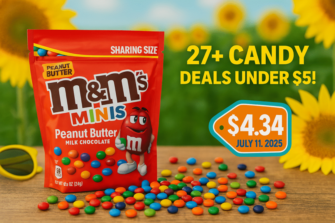 M&M’s Minis Peanut Butter candy in a resealable summer-themed bag surrounded by sunflowers, candy pieces, and a price tag showing $4.34