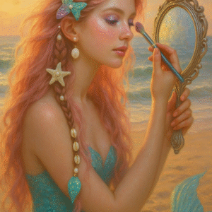 A romantic oil painting-style illustration of a pink mermaid with flowing rose-colored hair. She is gazing into a silver Victorian hand mirror while perched on a rock by the ocean. Her hair is adorned with real seashells and starfish hair clips, referencing mermaid-themed accessories. The background features a glowing summer sky and tranquil waves.