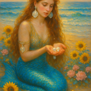 A Pre-Raphaelite-style beach painting featuring a mermaid with long flowing hair, seated on a sunlit shoreline. She wears iridescent shell earrings and clutches a string of pearls in her hands. The beach is scattered with sunflowers and roses, enhancing the dreamy, romantic atmosphere.
