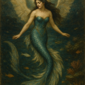 A stylized mermaid with long black hair and flowing fins floats gracefully under the sea, framed by large translucent wings and a glowing full moon in the background.