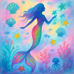 A watercolor-style painting inspired by Waterhouse, featuring a dreamy mermaid birthday party scene. A large, shimmering gift bag with a vibrant silhouette of a mermaid is placed in the foreground. The bag is decorated with seashells, starfish, jellyfish, and pastel coral patterns. The background shows an under-the-sea theme with soft gradients of pink, blue, and lavender, evoking a magical, oceanic celebration.