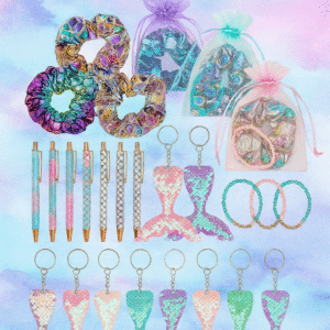 A Waterhouse-style painting of a radiant mermaid seated at an ornate pastel vanity in an undersea grotto. She is surrounded by shimmering mermaid accessories including iridescent scrunchies, sequin tail keychains, glittery beaded bracelets, and glistening pens. Organza gift bags rest nearby, with soft light filtering through coral-studded archways. The scene evokes magical party favor inspiration in a dreamy, oceanic palette of blues, pinks, and purples.