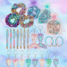 A Waterhouse-style painting of a radiant mermaid seated at an ornate pastel vanity in an undersea grotto. She is surrounded by shimmering mermaid accessories including iridescent scrunchies, sequin tail keychains, glittery beaded bracelets, and glistening pens. Organza gift bags rest nearby, with soft light filtering through coral-studded archways. The scene evokes magical party favor inspiration in a dreamy, oceanic palette of blues, pinks, and purples.