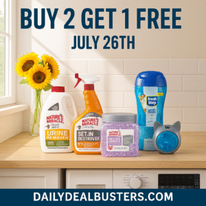 Bright, summery laundry room scene with sunlight streaming through a window, a vase of sunflowers on a counter, and five featured pet cleaning products — Nature’s Miracle stain remover spray, urine remover gallon jug, air freshening gel beads, and Fresh Step deodorizing crystals and pods. Text on the image reads: “Buy 2 Get 1 Free – July 26th DailyDealBusters.com.”