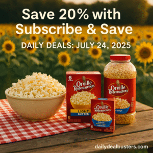 A wooden picnic table with a red checkered tablecloth is set outdoors in front of a blooming field of sunflowers. A large clear bowl overflows with fluffy, golden popcorn in the center of the table under bright summer sunlight.