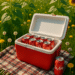 A bright and sunny picnic scene featuring a blue and white cooler filled with colorful beverage cans, including two visible flavors from the Amazon links provided. The cooler sits on a soft picnic blanket laid across fresh green grass dotted with cheerful dandelions. Tall sunflowers frame the background, creating a warm summer vibe. The website "dailydealbusters.com" is visible at the bottom.