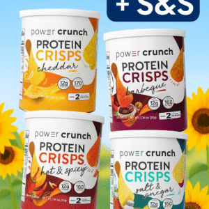 Power Crunch CRISPS snack bars in assorted flavors displayed on a wooden surface with sunflowers and a “30% off today” promo badge