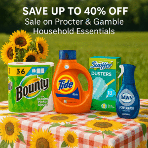 A vibrant promotional image featuring household products in a cozy summer laundry room setting. The scene includes bottles and packaging from brands like Tide and Swiffer, a rustic wooden shelf, sunflowers in a vase by a sunny window, and folded towels. The offer text reads “Up to 40% Off Procter & Gamble Household Essentials – July 28, 2025” with the website URL “dailydealbusters.com” clearly displayed at the bottom.
