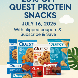 A promotional advertisement showcases a variety of Quest Nutrition products, including protein bars, cookies, and chips, against a bright summer-themed backdrop. A bold text overlay announces “25% Off Quest Protein Snacks” with the date July 16, 2025, and highlights that the discount is available with a clipped coupon and Subscribe & Save offer.