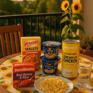 A cozy summer balcony setup with a small dining table featuring a sunflower-themed tablecloth, warm lighting, and quick meal favorites like soup, tuna kits, pasta, and rice dishes ready to enjoy.