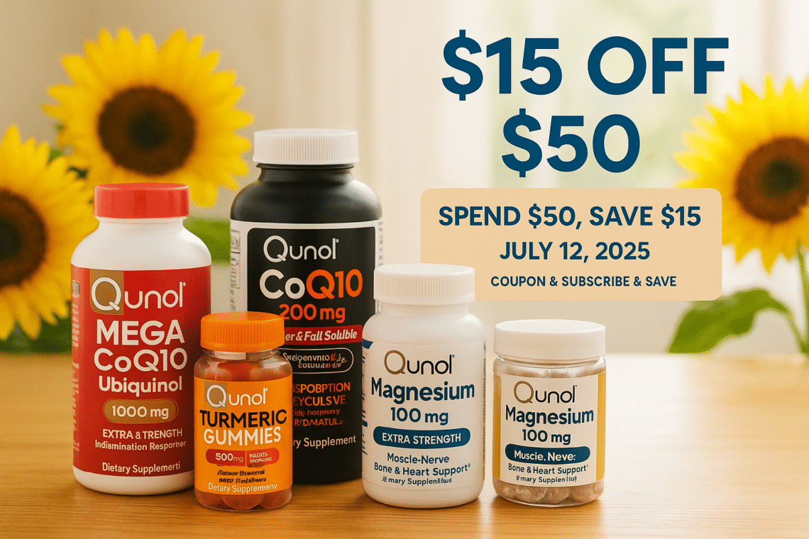 Assorted Qunol supplement bottles, including CoQ10 and turmeric, arranged on a wooden table with sunflowers and a promo banner showing “$15 Off $50” and “July 12, 2025”