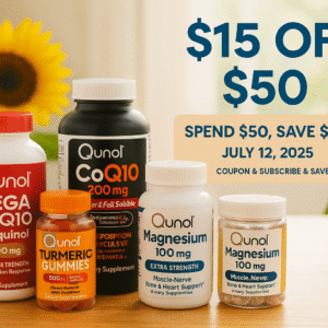 Assorted Qunol supplement bottles, including CoQ10 and turmeric, arranged on a wooden table with sunflowers and a promo banner showing “$15 Off $50” and “July 12, 2025”