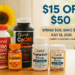 Assorted Qunol supplement bottles, including CoQ10 and turmeric, arranged on a wooden table with sunflowers and a promo banner showing “$15 Off $50” and “July 12, 2025”