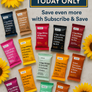 A vibrant, summery flat lay of assorted RXBAR protein bars in colorful wrappers arranged on a marble background with sunflower accents and a “25% Off Today Only” banner.