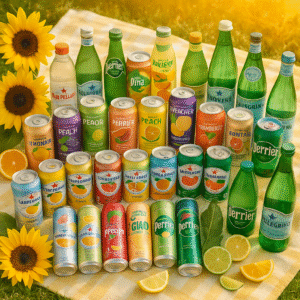 A bright, summery flat-lay image featuring a colorful variety of San Pellegrino and Maison Perrier sparkling beverages arranged on a picnic blanket. Sunflowers and citrus slices surround the drinks, evoking a fresh, summer vibe.