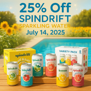 A colorful summer-themed promotional image showing seven Spindrift sparkling water flavors—lime, lemon, grapefruit, raspberry lime, Nojito, half tea & lemon, and a variety pack—arranged on a picnic table with a bright, sunflower-filled field and sparkling pool in the background. The text overlay reads “25% Off Spindrift Sparkling Water – July 14, 2025” with vibrant accents in blue, gold, and soft beige.